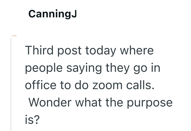 CanningJ Third post today where people saying they go in office to do zoom calls. Wonder what the purpose is?
