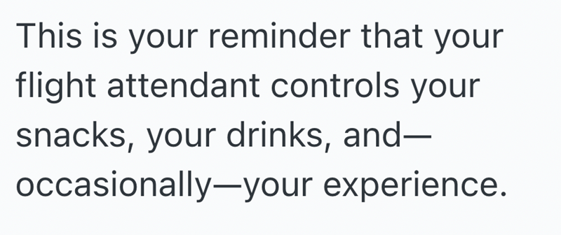 This is your reminder that your flight attendant controls your snacks, your drinks, and― occasionally-your experience.