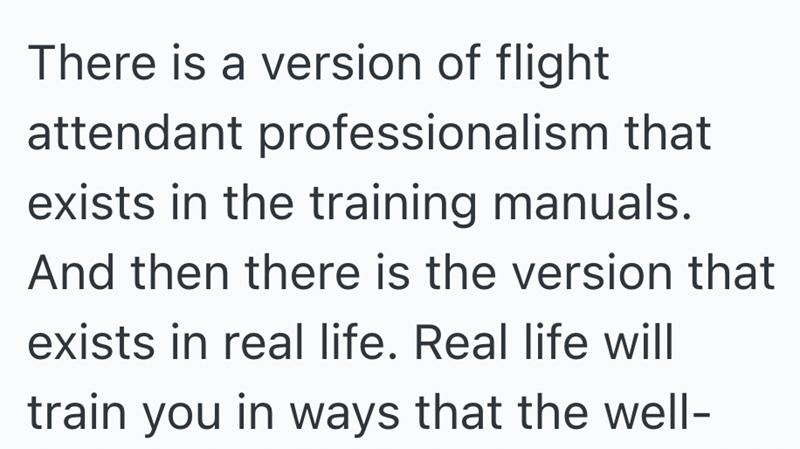 There is a version of flight attendant professionalism that exists in the training manuals. And then there is the version that exists in real life. Real life will train you in ways that the well-