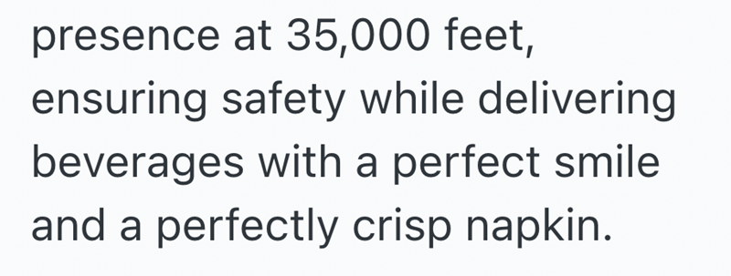presence at 35,000 feet, ensuring safety while delivering beverages with a perfect smile and a perfectly crisp napkin.