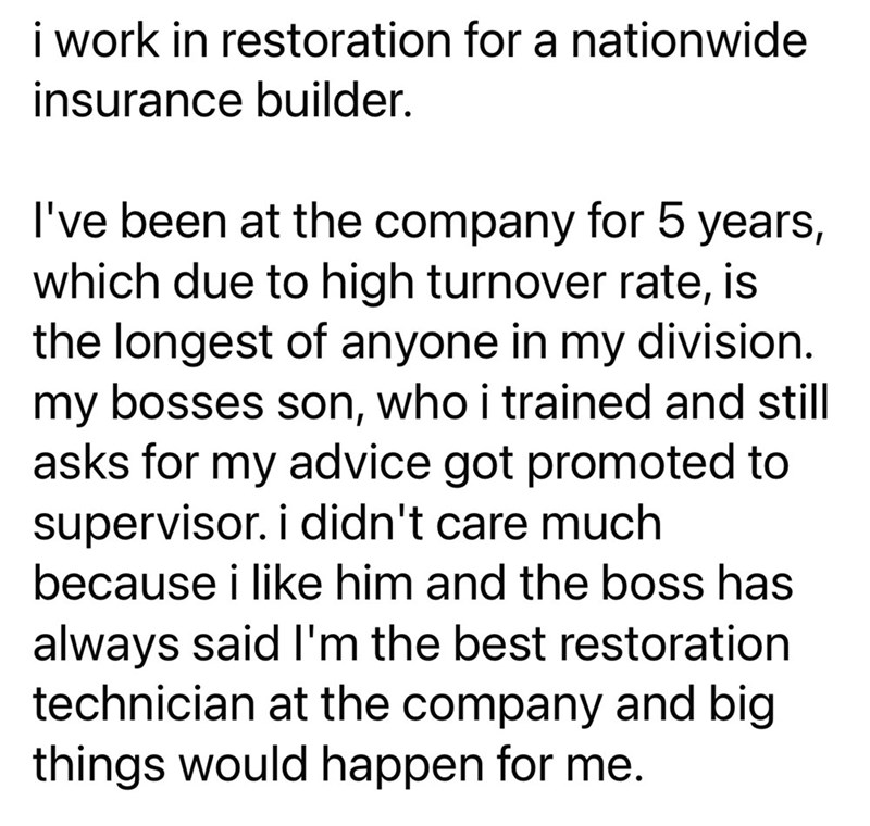 i work in restoration for a nationwide insurance builder. I've been at the company for 5 years, which due to high turnover rate, is the longest of anyone in my division. my bosses son, who i trained and still asks for my advice got promoted to supervisor. i didn't care much because i like him and the boss has always said I'm the best restoration technician at the company and big things would happen for me.