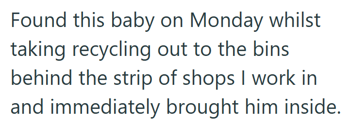 Found this baby on Monday whilst taking recycling out to the bins behind the strip of shops I work in and immediately brought him inside.