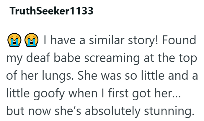 TruthSeeker1133 I have a similar story! Found my deaf babe screaming at the top of her lungs. She was so little and a little goofy when I first got her... but now she's absolutely stunning.