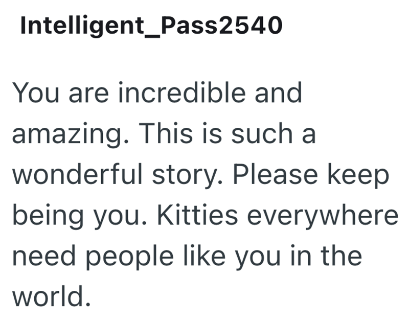 Intelligent_Pass2540 You are incredible and amazing. This is such a wonderful story. Please keep being you. Kitties everywhere need people like you in the world.