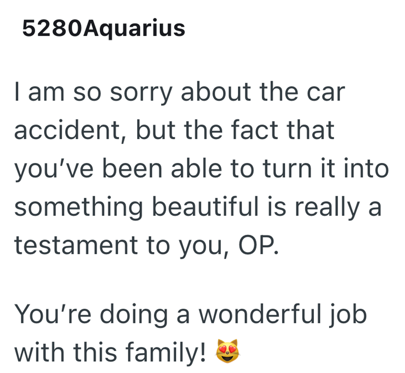 5280Aquarius I am so sorry about the car accident, but the fact that you've been able to turn it into something beautiful is really a testament to you, OP. You're doing a wonderful job with this family!