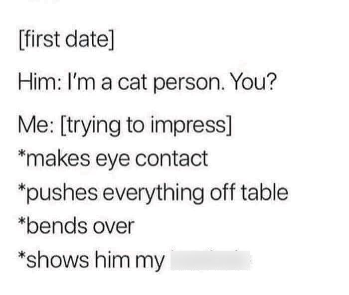 [first date] Him: I'm a cat person. You? Me: [trying to impress] *makes eye contact *pushes everything off table *bends over *shows him my