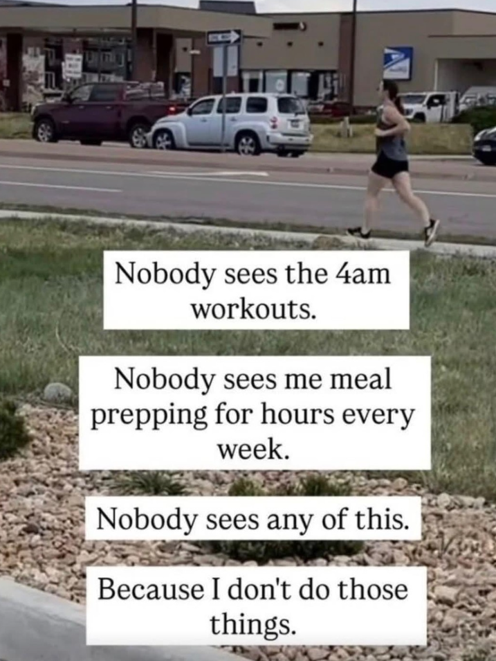 田 Nobody sees the 4am workouts. Nobody sees me meal prepping for hours every week. Nobody sees any of this. Because I don't do those. things. 667