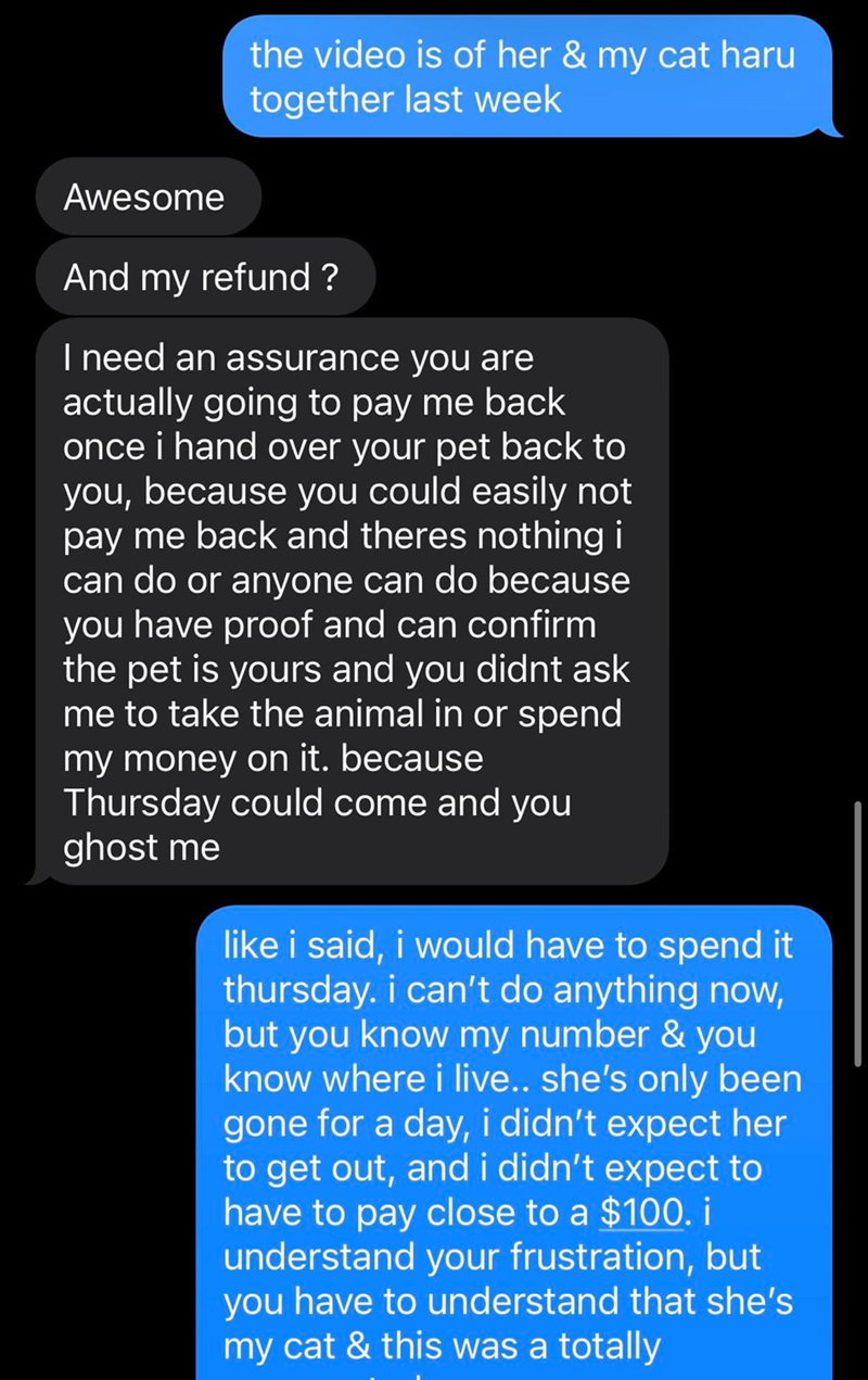 Awesome the video is of her & my cat haru together last week And my refund? I need an assurance you are actually going to pay me back once i hand over your pet back to you, because you could easily not pay me back and theres nothing i can do or anyone can do because you have proof and can confirm the pet is yours and you didnt ask me to take the animal in or spend my money on it. because Thursday could come and you ghost me like i said, i would have to spend it thursday. i can't do anything now,