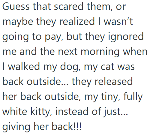 Guess that scared them, or maybe they realized I wasn't going to pay, but they ignored me and the next morning when I walked my dog, my cat was back outside... they released her back outside, my tiny, fully white kitty, instead of just... giving her back!!!