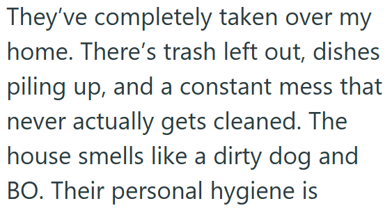 They've completely taken over my home. There's trash left out, dishes piling up, and a constant mess that never actually gets cleaned. The house smells like a dirty dog and BO. Their personal hygiene is