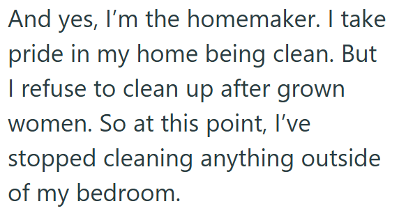 And yes, I'm the homemaker. I take pride in my home being clean. But I refuse to clean up after grown women. So at this point, I've stopped cleaning anything outside of my bedroom.