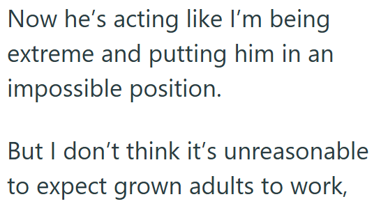 Now he's acting like I'm being extreme and putting him in an impossible position. But I don't think it's unreasonable to expect grown adults to work,