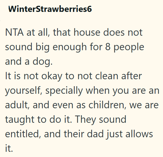 WinterStrawberries6 NTA at all, that house does not sound big enough for 8 people and a dog. It is not okay to not clean after yourself, specially when you are an adult, and even as children, we are taught to do it. They sound entitled, and their dad just allows it.