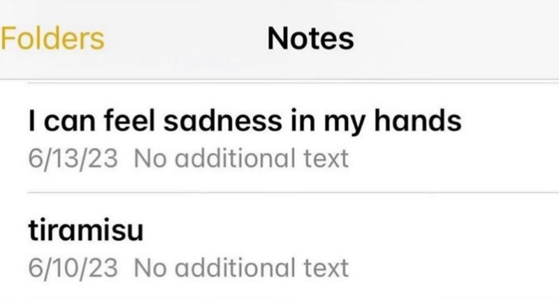 Folders Notes I can feel sadness in my hands 6/13/23 No additional text tiramisu 6/10/23 No additional text