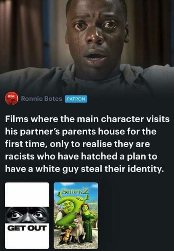 Ronnie Botes PATRON Films where the main character visits his partner's parents house for the first time, only to realise they are racists who have hatched a plan to have a white guy steal their identity. SHREK 2 GET OUT