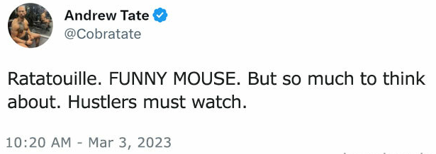 Andrew Tate @Cobratate Ratatouille. FUNNY MOUSE. But so much to think about. Hustlers must watch. 10:20 AM Mar 3, 2023