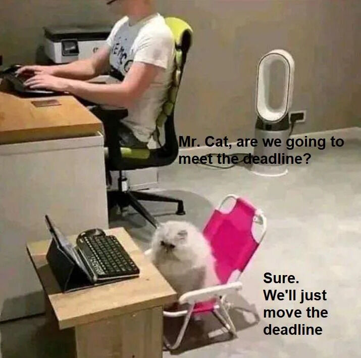 0. Mr. Cat, are we going to meet the deadline? Sure. We'll just move the deadline