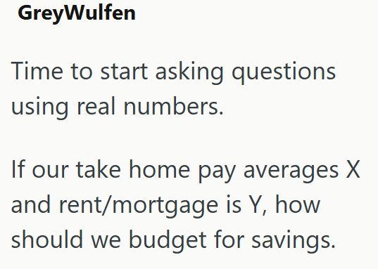 GreyWulfen Time to start asking questions using real numbers. If our take home pay averages X and rent/mortgage is Y, how should we budget for savings.