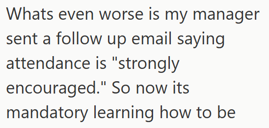 Whats even worse is my manager sent a follow up email saying attendance is "strongly encouraged." So now its mandatory learning how to be