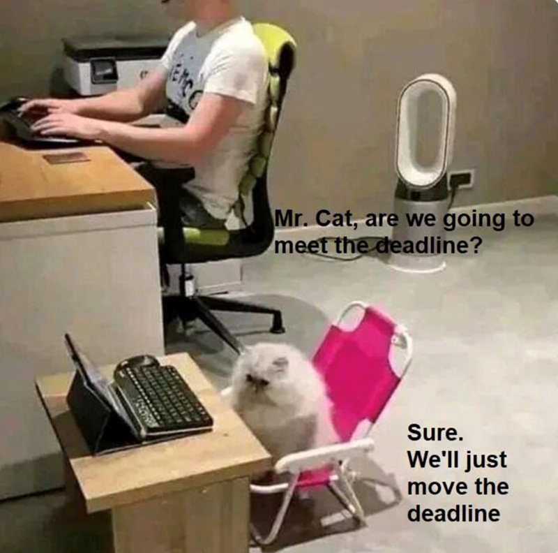 EXC 0. Mr. Cat, are we going to meet the deadline? Sure. We'll just move the deadline