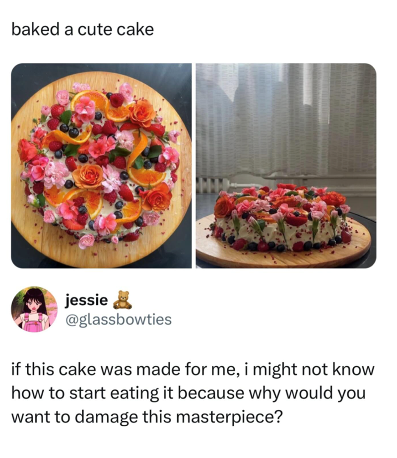 baked a cute cake jessie @glassbowties if this cake was made for me, i might not know how to start eating it because why would you want to damage this masterpiece?