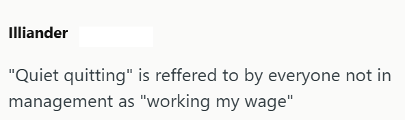 Illiander "Quiet quitting" is reffered to by everyone not in management as "working my wage"