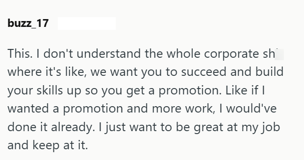 buzz 17 This. I don't understand the whole corporate sh where it's like, we want you to succeed and build your skills up so you get a promotion. Like if I wanted a promotion and more work, I would've done it already. I just want to be great at my job and keep at it.