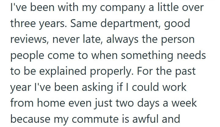 I've been with my company a little over three years. Same department, good reviews, never late, always the person people come to when something needs to be explained properly. For the past year I've been asking if I could work from home even just two days a week because my commute is awful and