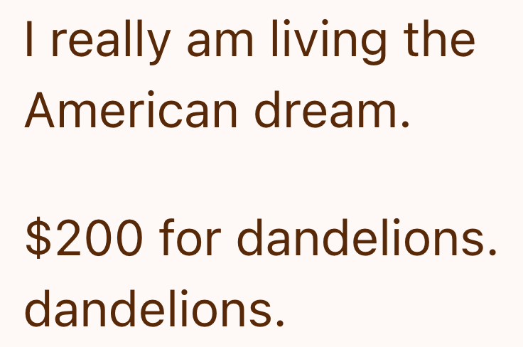 I really am living the American dream. $200 for dandelions. dandelions.