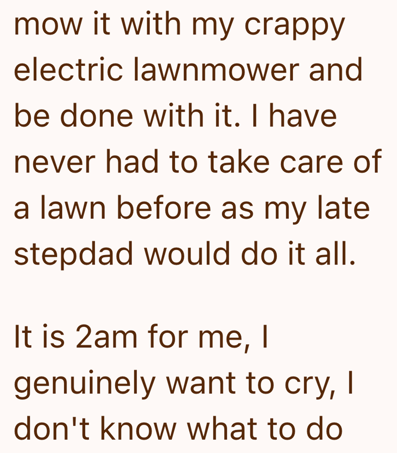 mow it with my crappy electric lawnmower and be done with it. I have never had to take care of a lawn before as my late stepdad would do it all. It is 2am for me, I genuinely want to cry, I don't know what to do
