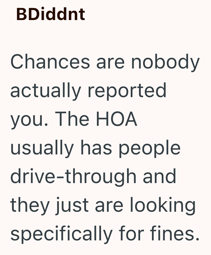 BDiddnt Chances are nobody actually reported you. The HOA usually has people drive-through and they just are looking specifically for fines.