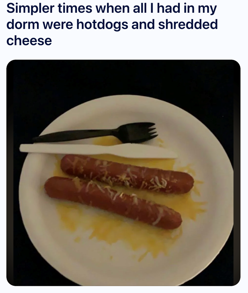 Simpler times when all I had in my dorm were hotdogs and shredded cheese