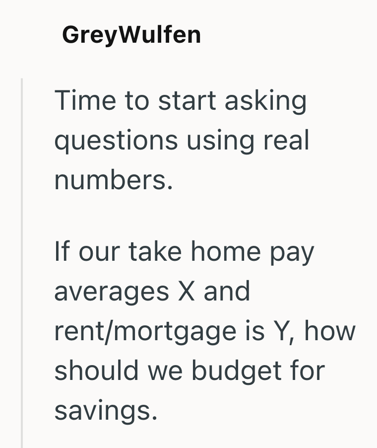 GreyWulfen Time to start asking questions using real numbers. If our take home pay averages X and rent/mortgage is Y, how should we budget for savings.