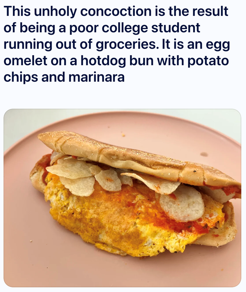This unholy concoction is the result of being a poor college student running out of groceries. It is an egg omelet on a hotdog bun with potato chips and marinara