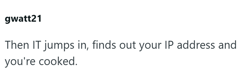 gwatt21 Then IT jumps in, finds out your IP address and you're cooked.