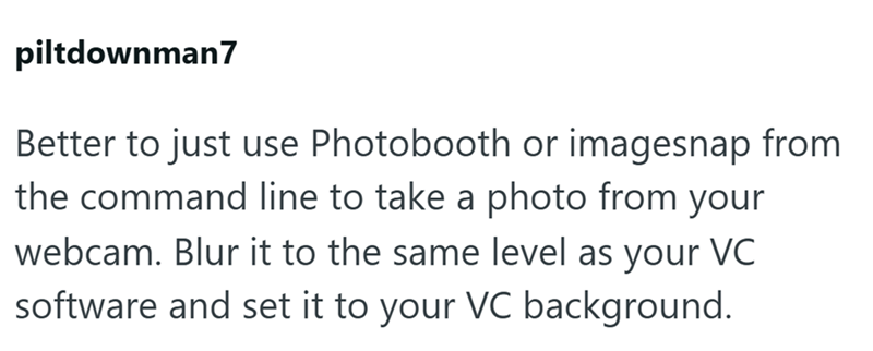 piltdownman7 Better to just use Photobooth or imagesnap from the command line to take a photo from your webcam. Blur it to the same level as your VC software and set it to your VC background.