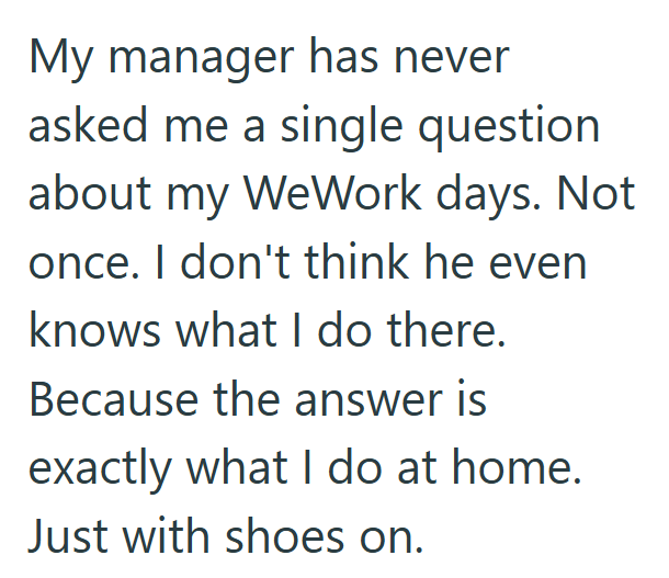 My manager has never asked me a single question about my WeWork days. Not once. I don't think he even knows what I do there. Because the answer is exactly what I do at home. Just with shoes on.