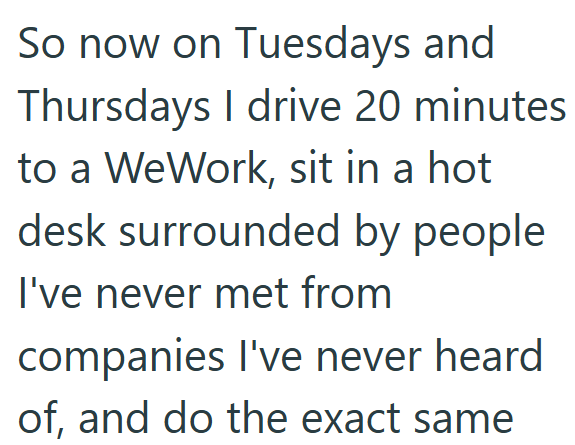 So now on Tuesdays and Thursdays I drive 20 minutes. to a WeWork, sit in a hot desk surrounded by people I've never met from companies I've never heard of, and do the exact same
