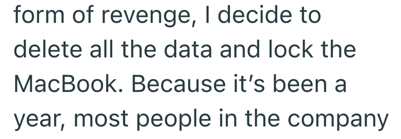 form of revenge, I decide to delete all the data and lock the MacBook. Because it's been a year, most people in the company