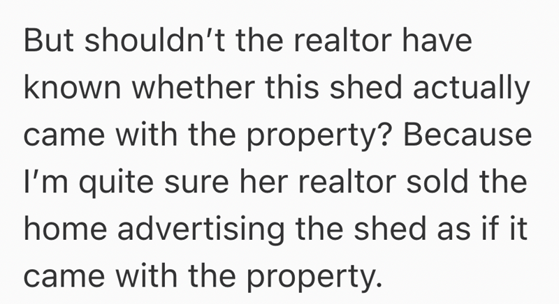 But shouldn't the realtor have known whether this shed actually came with the property? Because I'm quite sure her realtor sold the home advertising the shed as if it came with the property.