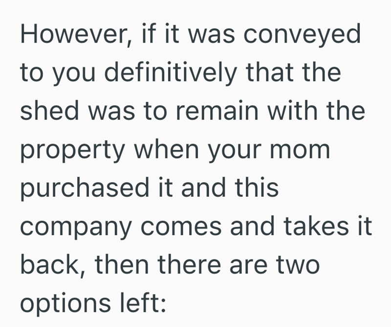 However, if it was conveyed to you definitively that the shed was to remain with the property when your mom purchased it and this company comes and takes it back, then there are two options left:
