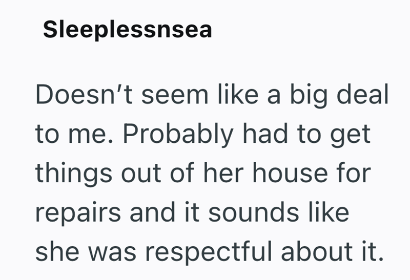 Sleeplessnsea Doesn't seem like a big deal to me. Probably had to get things out of her house for repairs and it sounds like she was respectful about it.