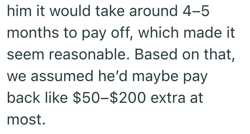 him it would take around 4-5 months to pay off, which made it seem reasonable. Based on that, we assumed he'd maybe pay back like $50-$200 extra at most.