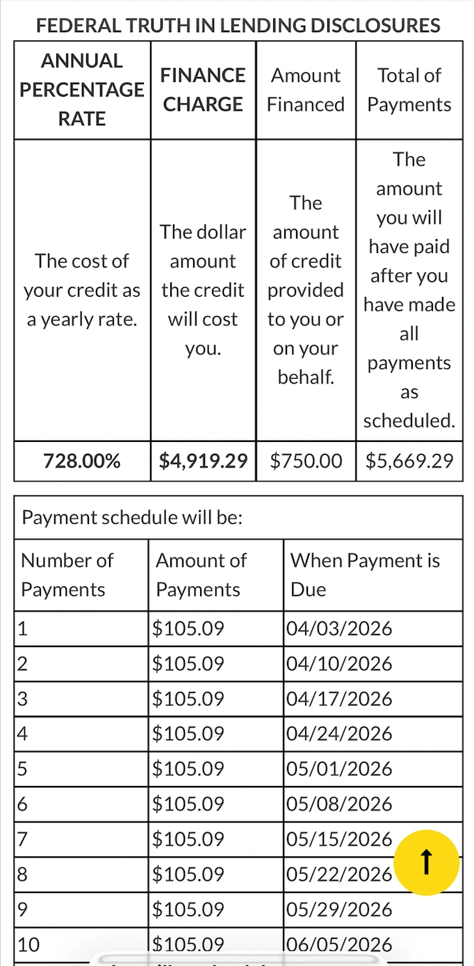 FEDERAL TRUTH IN LENDING DISCLOSURES ANNUAL PERCENTAGE RATE FINANCE Amount Total of Payments CHARGE Financed The amount The you will The dollar amount have paid The cost of amount of credit after you your credit as the credit provided have made a yearly rate. will cost to you or all you. on your behalf. payments as scheduled. 728.00% $4,919.29 $750.00 $5,669.29 Payment schedule will be: Number of Amount of When Payment is Payments Payments Due 1 $105.09 04/03/2026 2 $105.09 04/10/2026 3 $105.09