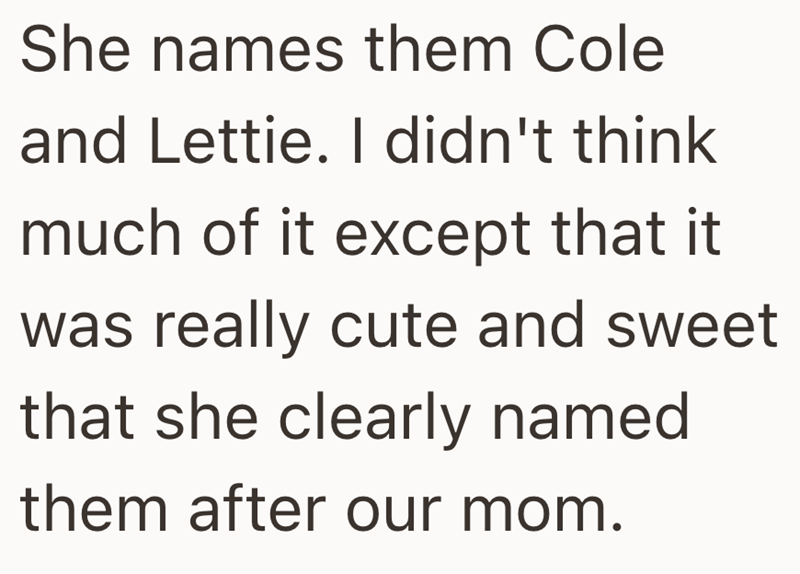 She names them Cole and Lettie. I didn't think much of it except that it was really cute and sweet that she clearly named them after our mom.