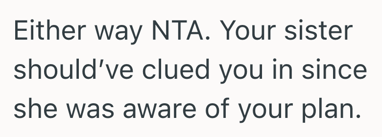Either way NTA. Your sister should've clued you in since she was aware of your plan.