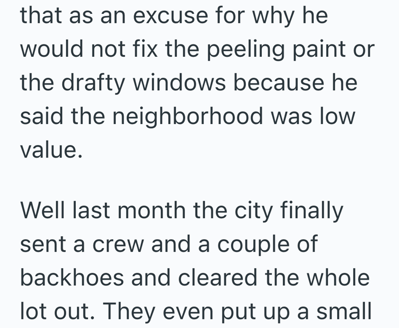 that as an excuse for why he would not fix the peeling paint or the drafty windows because he said the neighborhood was low value. Well last month the city finally sent a crew and a couple of backhoes and cleared the whole lot out. They even put up a small