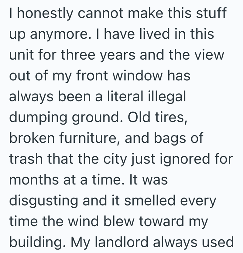 I honestly cannot make this stuff up anymore. I have lived in this unit for three years and the view out of my front window has always been a literal illegal dumping ground. Old tires, broken furniture, and bags of trash that the city just ignored for months at a time. It was disgusting and it smelled every time the wind blew toward my building. My landlord always used