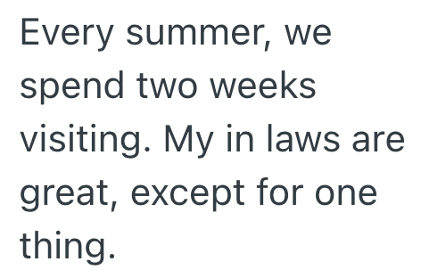 Every summer, we spend two weeks visiting. My in laws are great, except for one thing.