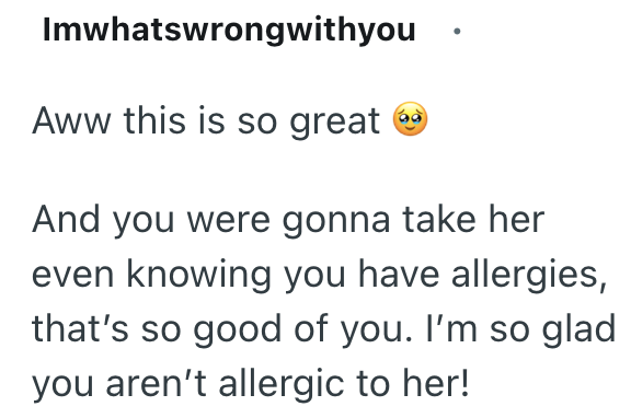 Imwhatswrongwithyou Aww this is so great And you were gonna take her even knowing you have allergies, that's so good of you. I'm so glad you aren't allergic to her!